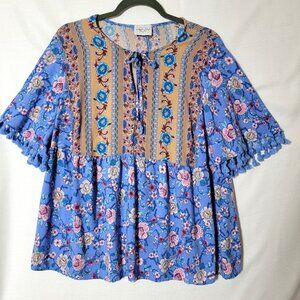 Heart Soul Tunic Top Womens Sz 8 Short Tasseled Sleeves Empire Waist Pull Over